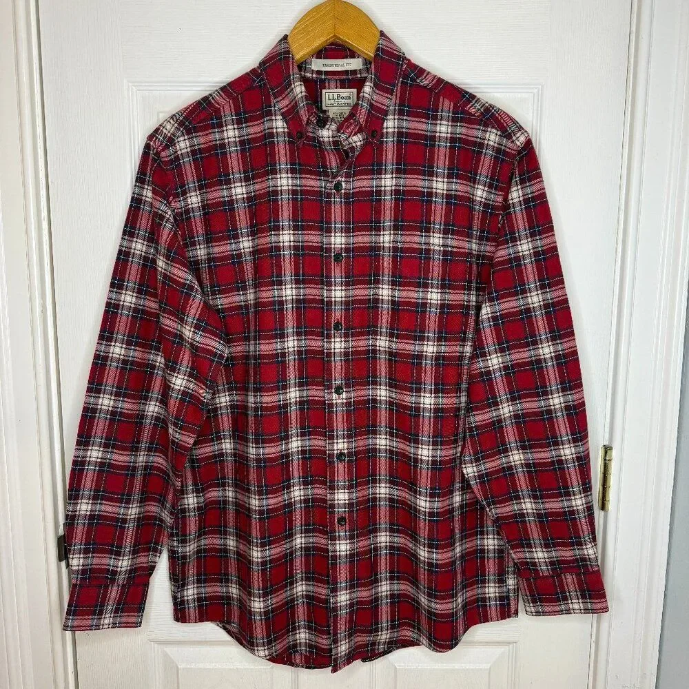 L.L. Bean Red White Blue Scotch Plaid Flannel Shirt Size Medium